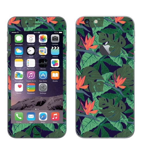 Наклейка на Телефон Apple iPhone 6 plus с яблоком Тропический паттерн,  купить в Москве – интернет-магазин Allskins, сочный, монстера, птицы, рай, цветы, текстура, паттерн, джунгли, тропики