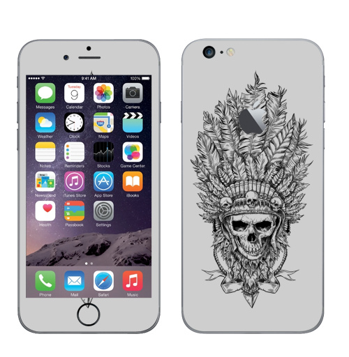 Наклейка на Телефон Apple iPhone 6 plus с яблоком Вождь и перья,  купить в Москве – интернет-магазин Allskins, одноцветный, индеец, череп, оружие, лицо, синий, мужик, ковбой, графика