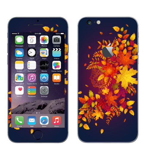 Наклейка на Телефон Apple iPhone 6 plus с яблоком Дух осени,  купить в Москве – интернет-магазин Allskins, осень, листья, рыжий, девушка, рябина, деревья, природа, винтаж, лес