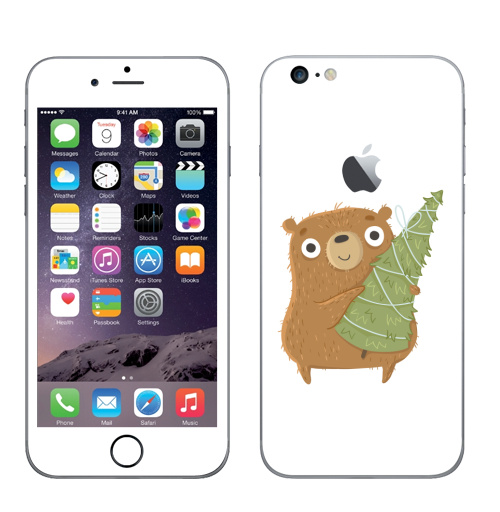 Наклейка на Телефон Apple iPhone 6 plus с яблоком Новогодний Мишка,  купить в Москве – интернет-магазин Allskins, медведь, новый год, персонажи, детские