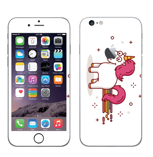 Наклейка на Телефон Apple iPhone 6 plus с яблоком Счастливый единорог,  купить в Москве – интернет-магазин Allskins, единорог, лошадь, пони, счастье, розовый, радуга, рог, радость, улыбка