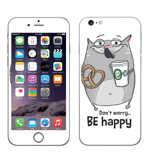 Наклейка на Телефон Apple iPhone 6 plus с яблоком Будь счастлив с серым котом,  купить в Москве – интернет-магазин Allskins, будь, счастлив