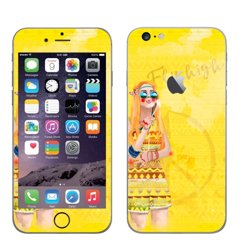 Наклейка на Телефон Apple iPhone 6 plus с яблоком Девушка Хиппи,  купить в Москве – интернет-магазин Allskins, девушка, лето, желтый, оранжевый, хиппи, очки, рыжая, любовь, солнце