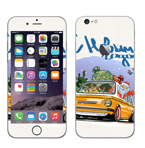 Наклейка на Телефон Apple iPhone 6 plus с яблоком Новогоднее ралли,  купить в Москве – интернет-магазин Allskins, новый год, дед, мороз, ралли, автомобиль, Запорожец, запрожец