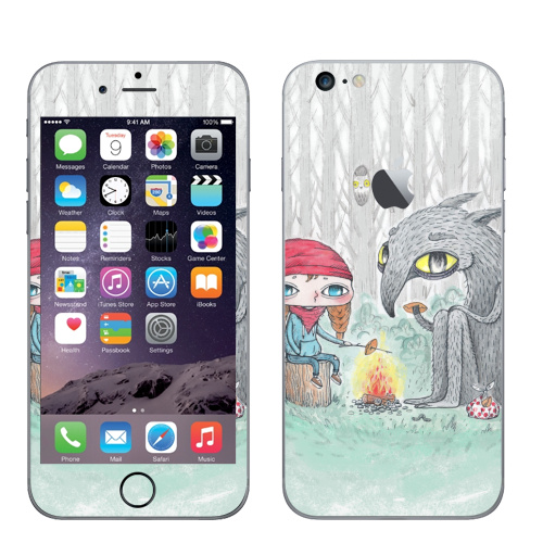 Наклейка на Телефон Apple iPhone 6 plus с яблоком Красная шапочка и волк,  купить в Москве – интернет-магазин Allskins, красная, шапочка, сказки, волк, серый, лес, огонь, природа, пирог