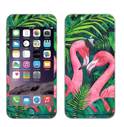 Наклейка на Телефон Apple iPhone 6 plus с яблоком Тропические Фламинго,  купить в Москве – интернет-магазин Allskins, розовый, фламинго, птицы, тропики, фауна, акварель, лето, зеленый, 14 февраля