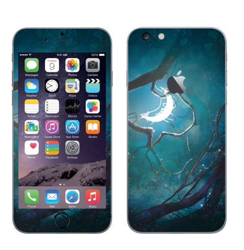 Наклейка на Телефон Apple iPhone 6 plus с яблоком Ночная фантазия,  купить в Москве – интернет-магазин Allskins, фантазия, деревья, иллюстация, ночь, лес, месяц, солнце, концепт