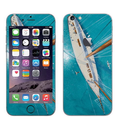 Наклейка на Телефон Apple iPhone 6 plus с яблоком Каникулы на яхте,  купить в Москве – интернет-магазин Allskins, аникулыы, отдых, вода, бирюзовый, мачты, лазурный, белый, морская, яхта