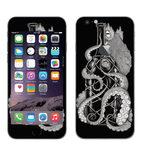 Наклейка на Телефон Apple iPhone 6 plus с яблоком Алкоголик-водолаз,  купить в Москве – интернет-магазин Allskins, черно-белое, осьминог, животные, графика, алкоголь