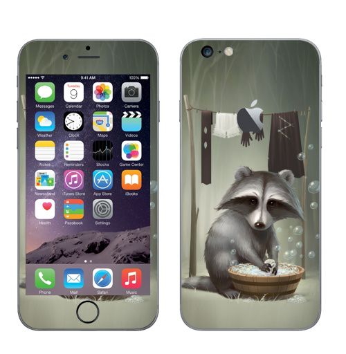 Наклейка на Телефон Apple iPhone 6 plus с яблоком Енот полоскун,  купить в Москве – интернет-магазин Allskins, милые животные, прикол, животные, лес, пузырьки, мыльный, стирка, енот