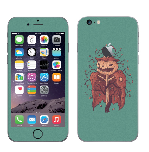 Наклейка на Телефон Apple iPhone 6 plus с яблоком Пугало,  купить в Москве – интернет-магазин Allskins, хэллоуин, тыква, деревья, листья, осень, ретро, персонажи, оранжевый