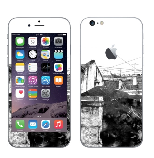 Наклейка на Телефон Apple iPhone 6 plus с яблоком Туманный город,  купить в Москве – интернет-магазин Allskins, черно-белое, город, городскойстиль, серый, сером, графика, Питер
