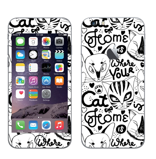 Наклейка на Телефон Apple iPhone 6 plus с яблоком Твой дом там, где твой кот живет. Белый цвет,  купить в Москве – интернет-магазин Allskins, черно-белое, надписи на английском, надписи, монохромный, белый, черный, кошка, котята