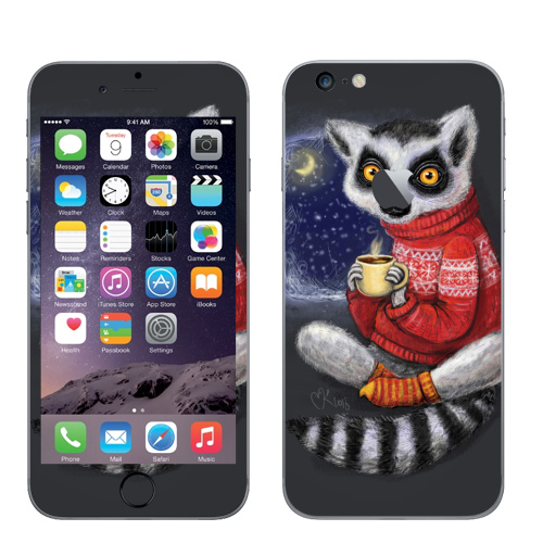 Наклейка на Телефон Apple iPhone 6 plus с яблоком Уютный лемур,  купить в Москве – интернет-магазин Allskins, милые животные, теплый, мило, животные, новый год, ночь, какао, уютно, зима, свитер, лемур