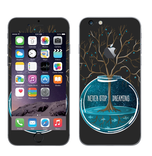 Наклейка на Телефон Apple iPhone 6 plus с яблоком Не переставай мечтать,  купить в Москве – интернет-магазин Allskins, мечта, синий, бирюзовый, космос, деревья, рыба, вода, гики, растр, галактика