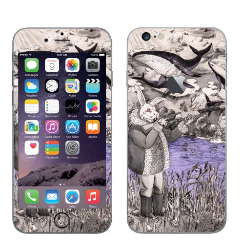 Наклейка на Телефон Apple iPhone 6 plus с яблоком Разлетались тут,  купить в Москве – интернет-магазин Allskins, дед, злой_кролик, заяц, летающие_киты, киты, ружьё