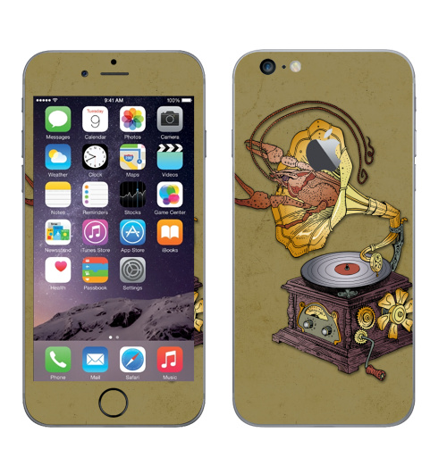Наклейка на Телефон Apple iPhone 6 plus с яблоком Граммофон с лобстером.,  купить в Москве – интернет-магазин Allskins, прикол, Рак, животные, стимпанк, графика, ретро, ретрофутуризм, винтаж, механизм, музыка