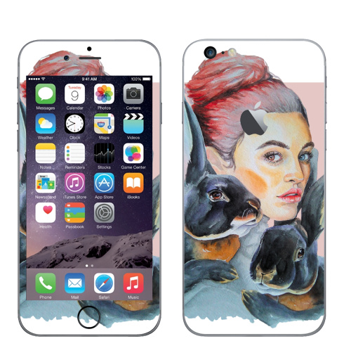 Наклейка на Телефон Apple iPhone 6 plus с яблоком Тотем кролики,  купить в Москве – интернет-магазин Allskins, девушка, акварель, глаз, Тотемы, кролики, розовый, хитрый, животные