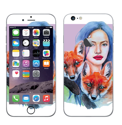 Наклейка на Телефон Apple iPhone 6 plus с яблоком Тотем лисы,  купить в Москве – интернет-магазин Allskins, Тотемы, девушка, животные, красота, акварель, лиса, лисы, рыжая