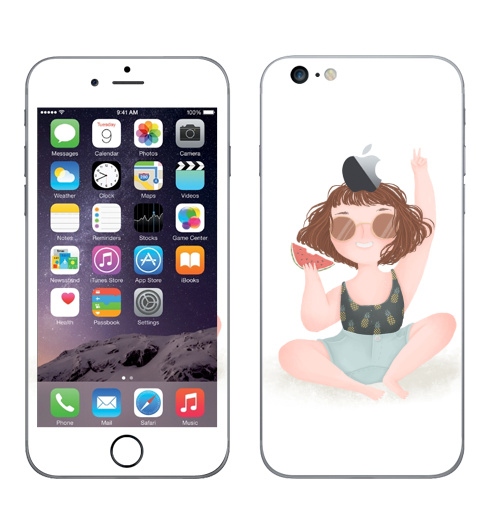 Наклейка на Телефон Apple iPhone 6 plus с яблоком Летняя девчонка,  купить в Москве – интернет-магазин Allskins, радость, настроение, ананас, счастье, солнце, арбуз, лето, девушка