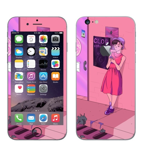 Наклейка на Телефон Apple iPhone 6 plus с яблоком Розовый вечер,  купить в Москве – интернет-магазин Allskins, розовый, кафе, девушка, улица, искусство, молота, вечер