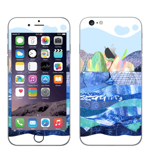 Наклейка на Телефон Apple iPhone 6 plus с яблоком Коллаж с пейзажем, озеро и скалы,  купить в Москве – интернет-магазин Allskins, коллаж, радость, круто, детские, школьный, озеро, природа, синий, бумага, голуой