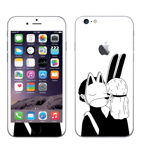 Наклейка на Телефон Apple iPhone 6 plus с яблоком Лис и зайка,  купить в Москве – интернет-магазин Allskins, черное и белое, заяц, лиса, любовь