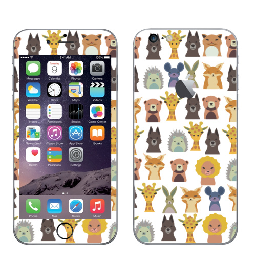 Наклейка на Телефон Apple iPhone 6 plus с яблоком Милый зверинец,  купить в Москве – интернет-магазин Allskins, зверинец, мило, ежик, собаки, зайчонок, медведь, заяц, лев, жираф, животные, скопление, много, головы, бюст, милые животные