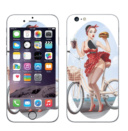 Наклейка на Телефон Apple iPhone 6 plus с яблоком Девушка кушает бургер на велосипеде,  купить в Москве – интернет-магазин Allskins, девушка, бургер, велосипед, гозировка, платье, пин ап, красный, губы, горошек, позитив, веселый, радость, еда