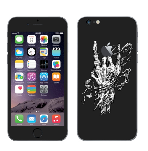 Наклейка на Телефон Apple iPhone 6 plus с яблоком Роцк Рок Хард,  купить в Москве – интернет-магазин Allskins, стритарт, татуировки, рокнролл, скелет, череп, руки, черно-белое, графика