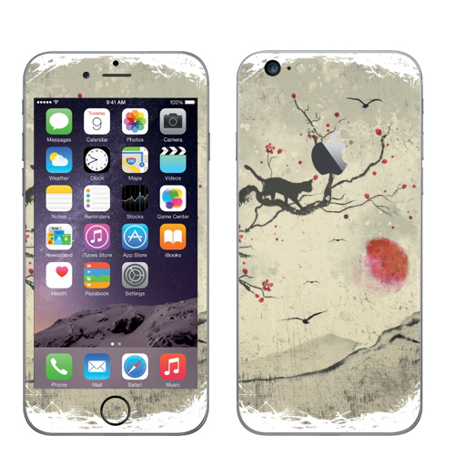 Наклейка на Телефон Apple iPhone 6 plus с яблоком Кошка и Сакура,  купить в Москве – интернет-магазин Allskins, философские, кошка, Япония, самурай, ниндзя, katana, луна, клан, черный, сакура, кот самурай, замок, птицы, минимализм