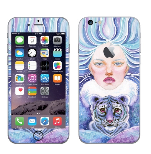 Наклейка на Телефон Apple iPhone 6 plus с яблоком Девочка с тигрёнком,  купить в Москве – интернет-магазин Allskins, полёт, голубыеволосы, мальвина, симметрия, глаз, декабрь, февраль, январь, снег, волны, волосы, голубой, детские, девушка, тигра, тигры, зима