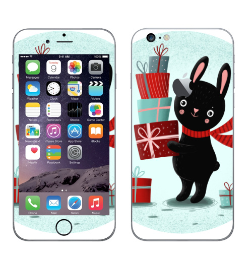 Наклейка на Телефон Apple iPhone 6 plus с яблоком Черный кролик с подарками,  купить в Москве – интернет-магазин Allskins, кролики, заяц, читатель, новый год, символ, черный, красный, бирюзовый, символ_года, подарки