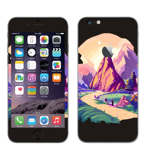 Наклейка на Телефон Apple iPhone 6 plus с яблоком Летний горный пейзаж,  купить в Москве – интернет-магазин Allskins, поп-арт, читатель, лето, путешествия, яркий, модный, стильно, молодежный, бежевый, зеленый, фиолетовый, природный, горы, хиппи