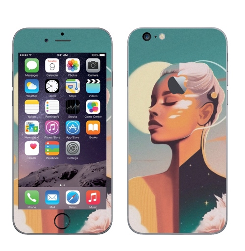 Наклейка на Телефон Apple iPhone 6 plus с яблоком Сияющая красота, девушка солнце,  купить в Москве – интернет-магазин Allskins, ретро, желтый, изумрудный, зеленый, берюзовый, облока, пейзаж, космос, цветы, солнце, девушка