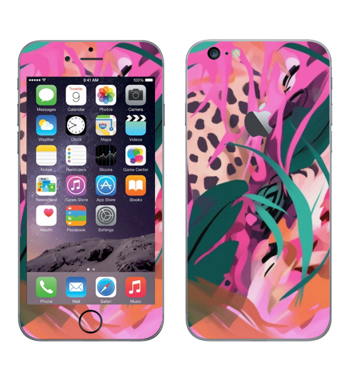Наклейка на Телефон Apple iPhone 6 plus с яблоком Дикая природа в тропическом лесу,  купить в Москве – интернет-магазин Allskins, поп-арт, природа, леопард, тропические, тропики, растение, розовый, зеленый, леопардовый, оранжевый, живописный, абстракция