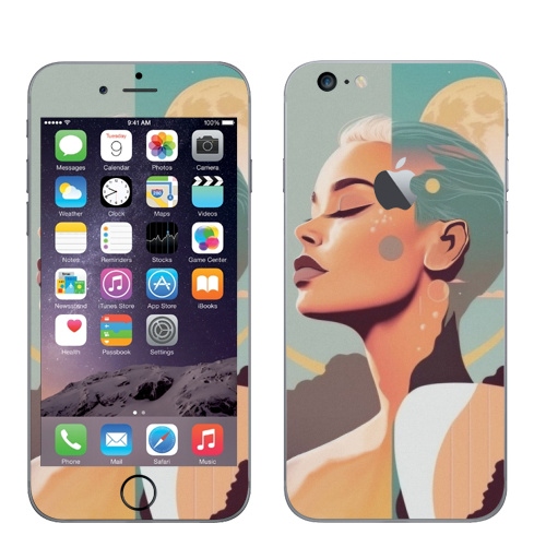 Наклейка на Телефон Apple iPhone 6 plus с яблоком Лунный свет в тропическом раю,  купить в Москве – интернет-магазин Allskins, сюрреализм, девушка, луна, тропики, небо, пейзаж, ретро, серфинг, портреты, женственно, голубой