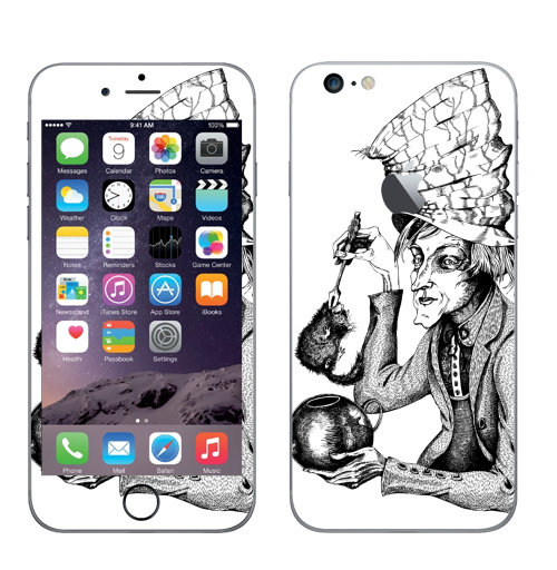 Наклейка на Телефон Apple iPhone 6 plus с яблоком Сможет ли Соня жить в чайнике?,  купить в Москве – интернет-магазин Allskins, Алиса в стране чудес, графика, шляпа, чай и кофе