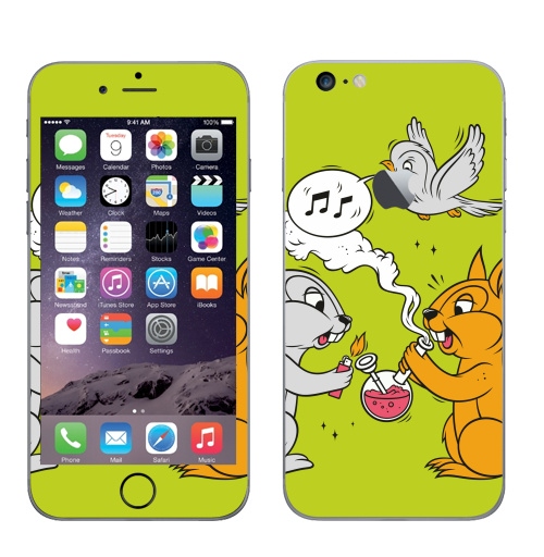 Наклейка на Телефон Apple iPhone 6 plus с яблоком Funny friends,  купить в Москве – интернет-магазин Allskins, заяц, белка, дружба, дым, кальян, ноты, птицы