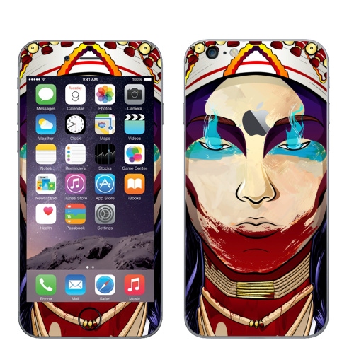 Наклейка на Телефон Apple iPhone 6 plus с яблоком Greed,  купить в Москве – интернет-магазин Allskins, женские, уборы, головные, Индианка, перья, кровь, дух, девушка, индеец, 300 Лучших работ