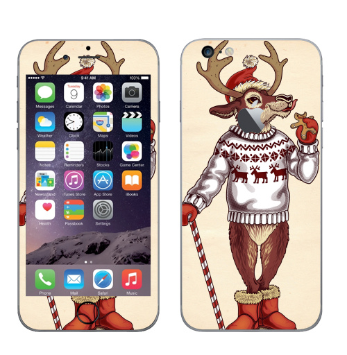 Наклейка на Телефон Apple iPhone 6 plus с яблоком Олень санты,  купить в Москве – интернет-магазин Allskins, печенье, олень, новый год, 300 Лучших работ, милые животные, крутые животные