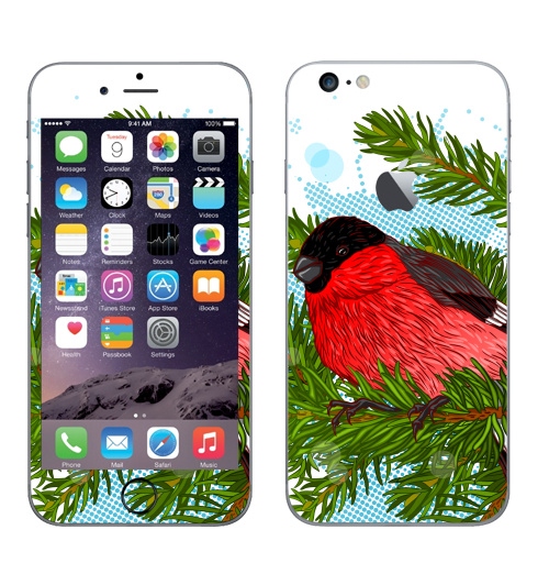 Наклейка на Телефон Apple iPhone 6 plus с яблоком Снегирь,  купить в Москве – интернет-магазин Allskins, новый год, зима, птицы, снег, снегирь