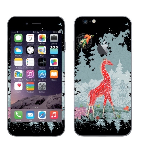 Наклейка на Телефон Apple iPhone 6 plus с яблоком Жираф-мухомор в зимнем лесу,  купить в Москве – интернет-магазин Allskins, детские, животные, красный, лес, ночь, природа, сказки, грибы, прикольные_рисунки, милые животные, жираф, серый, новогоднеенастроение, снег