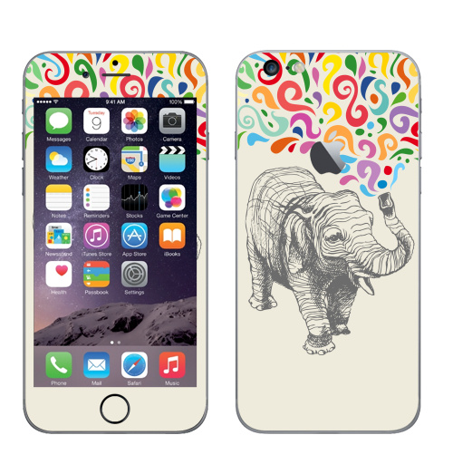 Наклейка на Телефон Apple iPhone 6 plus с яблоком Слон,  купить в Москве – интернет-магазин Allskins, 300 Лучших работ, животные, графика, брызги, слоны, разноцветное, фонтан