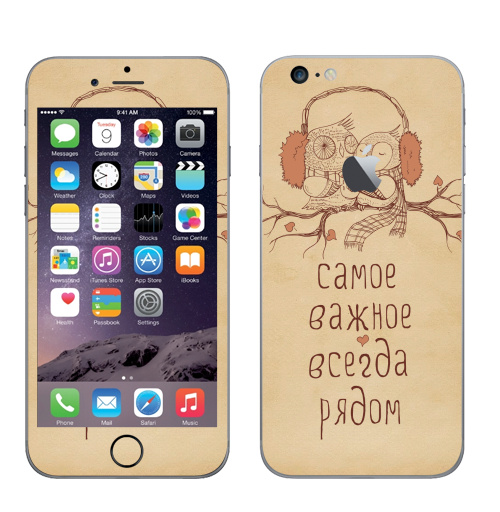 Наклейка на Телефон Apple iPhone 6 plus с яблоком Двое,  купить в Москве – интернет-магазин Allskins, животные, любовь, кошка, персонажи, сова, для_влюбленных, чай и кофе, парные, милые животные
