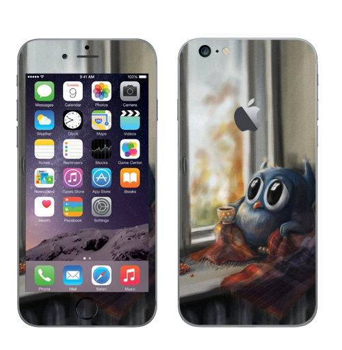 Наклейка на Телефон Apple iPhone 6 plus с яблоком Vanilla Owl,  купить в Москве – интернет-магазин Allskins, ваниль, хипстер, сова, птицы, осень, графика, любовь, тренд, 300 Лучших работ