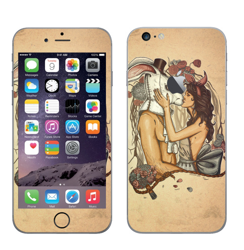 Наклейка на Телефон Apple iPhone 6 plus с яблоком Кроликачасы,  купить в Москве – интернет-магазин Allskins, заяц, любовь, цветы, время, девушка, красота