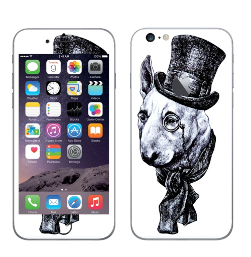 Наклейка на Телефон Apple iPhone 6 plus с яблоком Сэр Бультерьер,  купить в Москве – интернет-магазин Allskins, крутые животные, черно-белое, животные, собаки, стимпанк, бультерьер, милые животные