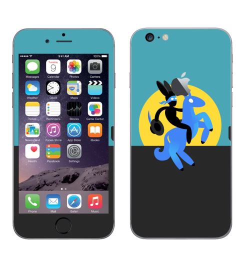 Наклейка на Телефон Apple iPhone 6 plus с яблоком Синийконь,  купить в Москве – интернет-магазин Allskins, черный, зорро, синий, лошадь, заяц