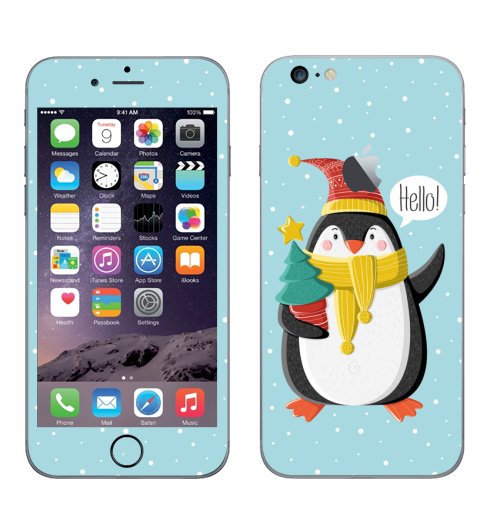 Наклейка на Телефон Apple iPhone 6 plus с яблоком Пингвин с ёлкой,  купить в Москве – интернет-магазин Allskins, шапка, снег, новый год, пингвин, детские